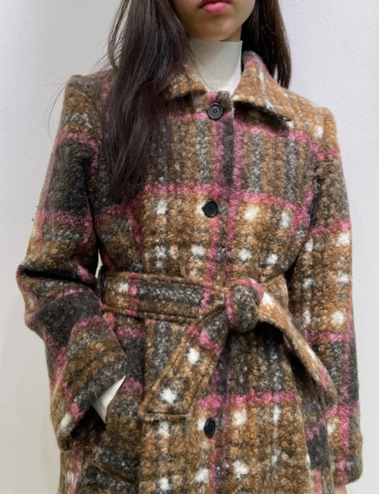 부클레 체크 벨트 코트